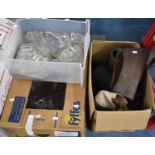 A Box of Leather Gaiters and Vintage White Cricket Boots, Together with Box of Glass Jelly Moulds