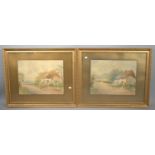 A Pair of Gilt Framed Watercolours Depicting Cottages, Each 68x56cm High