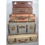 A Collection of Three Vintage Leather Suitcases and Two Travelling Trunks
