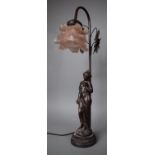 A Bronze Effect Figural Table Lamp with Opaque Pink Glass Shade, 56cm High