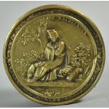 A Napoleonic Circular Pressed Metal and Leather Snuff Box decorated with Seated Defeated Soldier, "