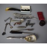 A Small Collection of Curios to Include Car Badges, Spark Plug Cufflinks, Pickle Forks and Berry