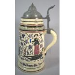 A Salt Glazed German Lager Stein with Pewter Hinged Lid, 26cm high