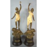 A Pair of French Gilded Spelter Figural Ornaments for Vitality and Strength, Each 35cms High