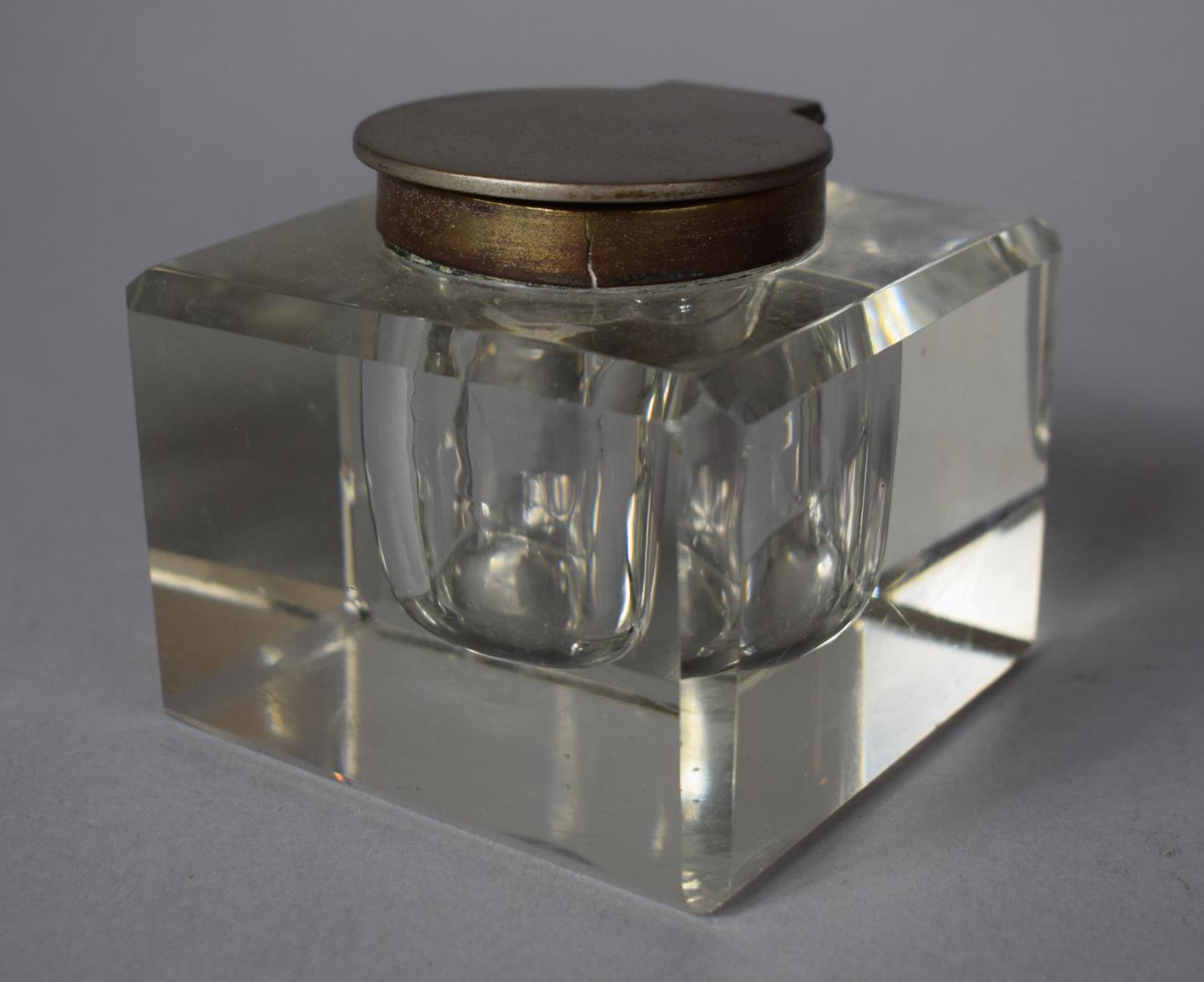 A Square Glass Desk Top Inkwell with Hinged Lid, 8cm