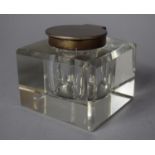 A Square Glass Desk Top Inkwell with Hinged Lid, 8cm