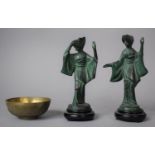 A Pair of Oriental Metal Verdigris Bronzed Figures of Maidens on Wooden Stands, Together with a
