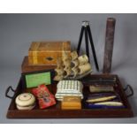 A Collection of Sundries to include Two Handled Wooden Drinks Tray, Camera Tripod, Enamelled