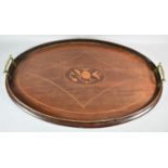 A Late 19th Century Inlaid Galleried Oval Drinks Tray with Two Brass Raised Handles, 67cm Long