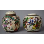 Two Nanking Crackle Glazed Ginger Jars (one Missing Lid) Decorated with Polychrome Enamels Depicting