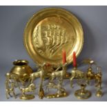 A Collection of Brasswares to include Stag Ornament, Tray, Vase, Teapot, Candlesticks Etc