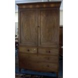 A Mid 19th Century Inlaid Linen Press, the Base with Two Short and Two Long Drawers on Bracket Feet,
