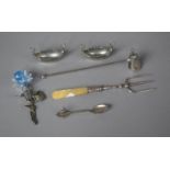 A Mother of Pearl Handled Three Prong Pickle Fork, Silver Plated Candle Snuffer, Two Viking Longship