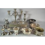 A Collection of Silver Plate to Include Three Branch Candelabra, Sauceboat, Mustard Pot, Cream