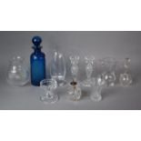 A Collection of Glassware to Include Pair of Cut Glass Candlesticks, Blue Glass Decanter, Etched