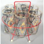 A 1950/60's Decorated Glass Six Tumbler Set in Wire Carrier