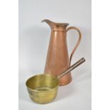 A Vintage Brass Saucepan with Iron Handle and a Copper Jug, 34cm high