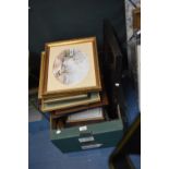A Box Containing Various Pictures and Prints, 19th Century Mahogany Mirror for Restoration,