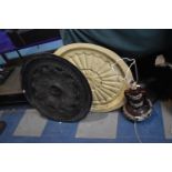 Two Fibreglass Ceiling Roses and a Glazed Table Lamp