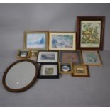 A Box Containing Various Framed Pictures and Prints, Oval Wall Mirror etc