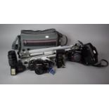 A Praktica PLC2 35mm Camera, Praktica BC1 35mm Camera in Bag with Accessories and Velbon Camera