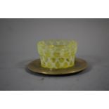 A Stourbridge Green Opalescent Glass Mustard Pot on Silver Saucer, 3.5cm high