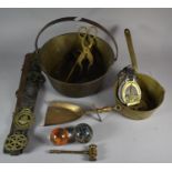 A Brass Jam Kettle, Brass Saucepan, Horse Brass and Other Items
