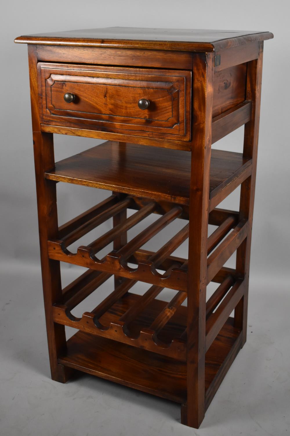 A Modern Far Eastern Hardwood Eight Bottle Wine Rack with Top Shelf Under Long Drawer, by Ancient