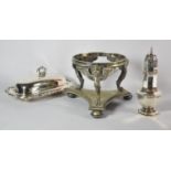 A Silver Plated Sugar Sifter, Silver Plated Circular Stand on Three Claw Feet and Silver Plated