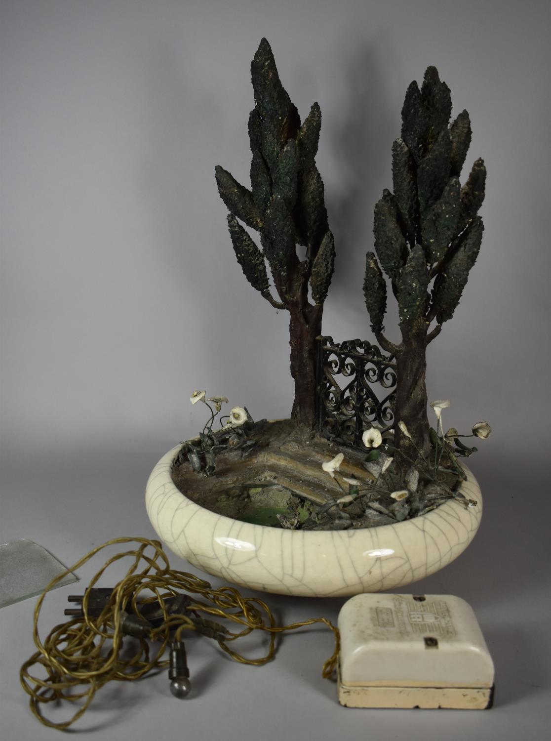 A Vintage Crackle Glaze Shallow Bowl Housing Holly Tree and Gate Diorama with Illuminated Pool, 31cm - Image 3 of 3