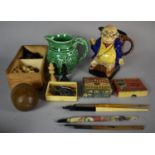 A Collection of Curios to Include Boxwood Chess Pieces, Green Glazed Wedgwood Jug, Character Jug,