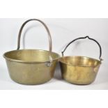 Two Vintage Brass Jam Kettles with Iron Handles, 38cm and 29cm Diameter