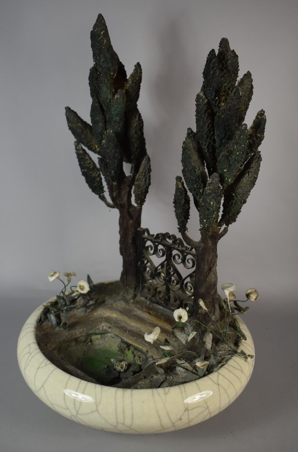 A Vintage Crackle Glaze Shallow Bowl Housing Holly Tree and Gate Diorama with Illuminated Pool, 31cm - Image 2 of 3