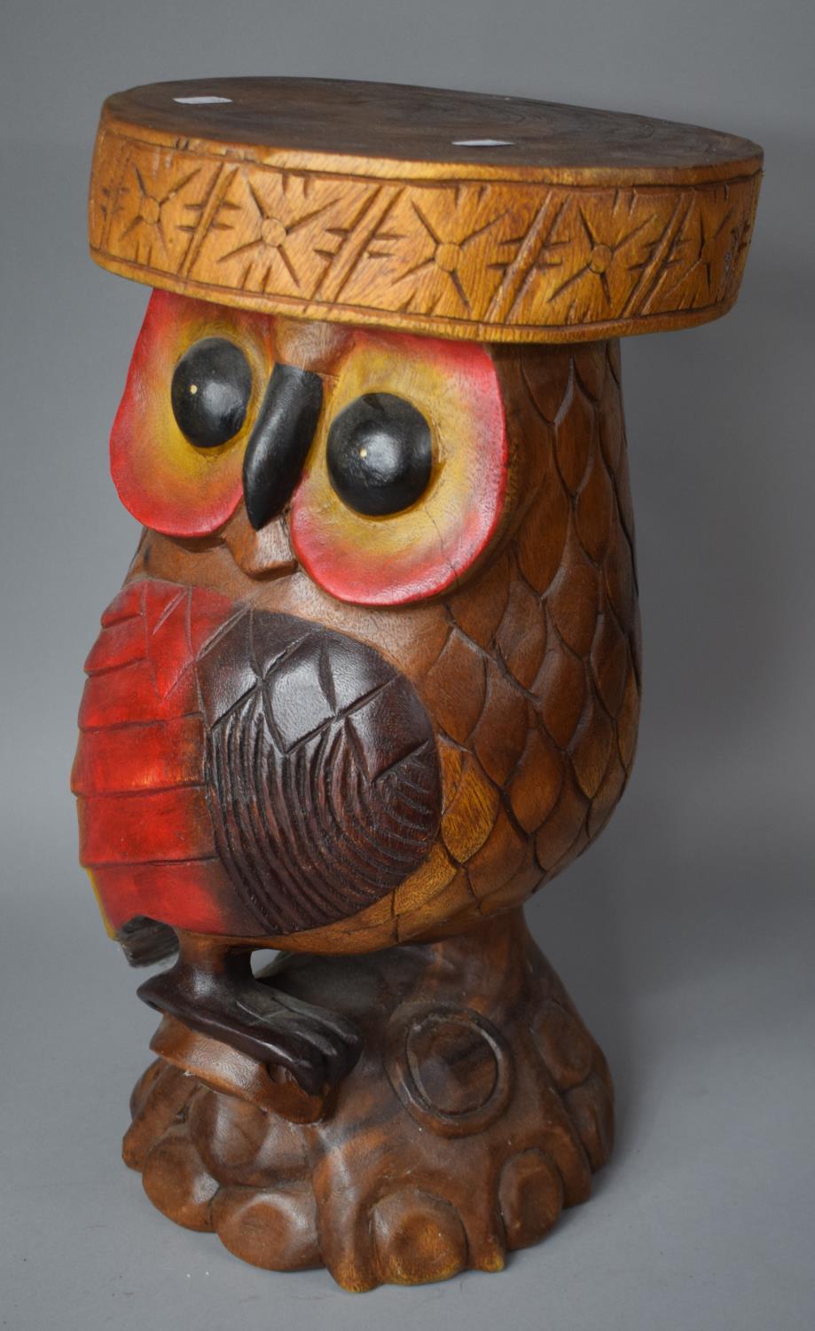 A Modern Carved Wooden Novelty Stool in the Form of an Owl, Circular Seat, 27cm Diameter and 51cm