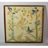 A Framed Silk Embroidery Depicting Birds, Flowers and Trees, 52cm wide