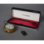 A Cased Parker Pen, Silver Pendant Monogrammed FRB and a Pocket Watch for Restoration