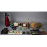 A Tray of Curios to Include Vintage Alarm Clocks, Two Hand Bells, Onyx Bookends, Soda Siphon,