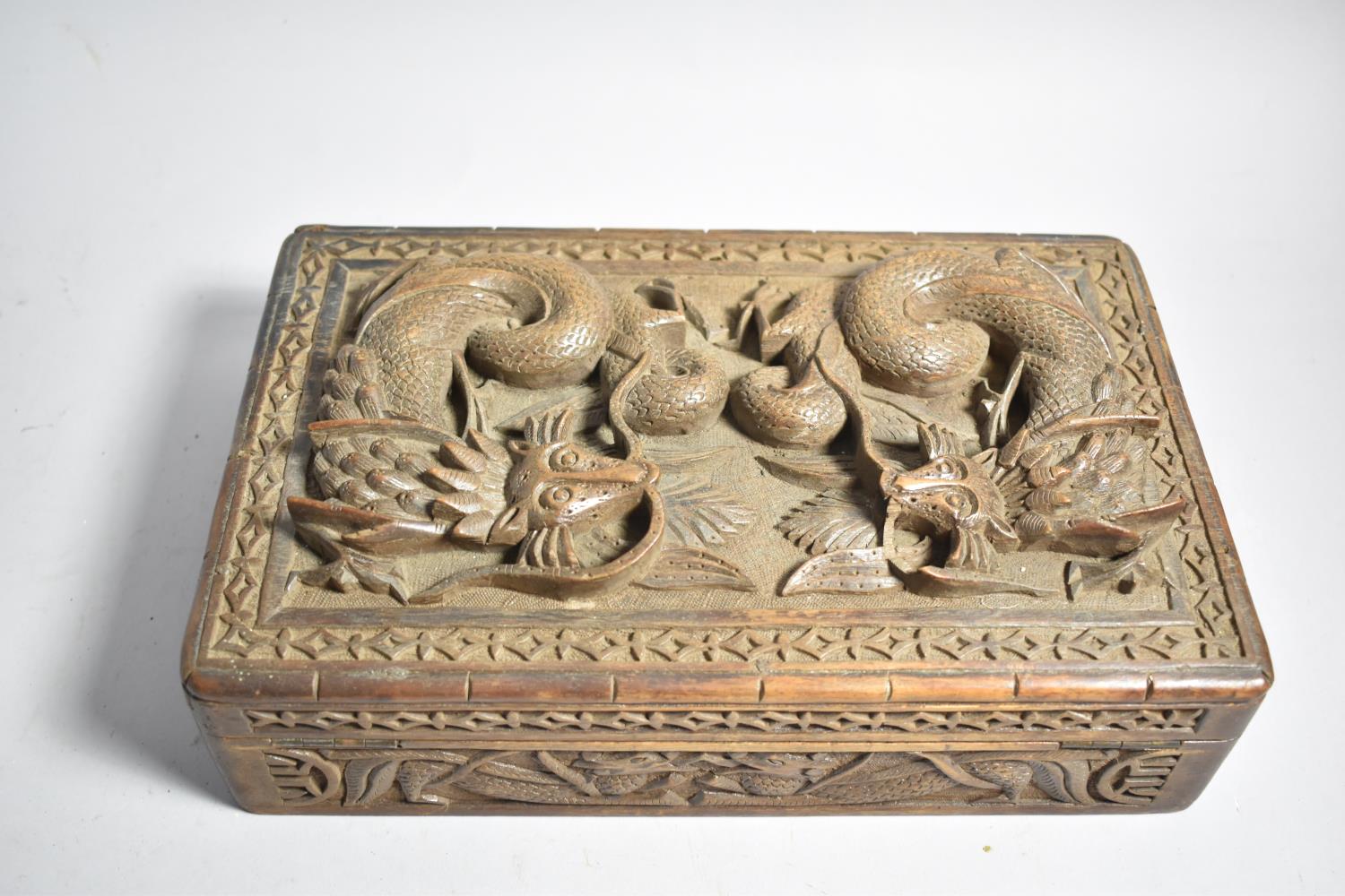 A Chinese Carved Wooden Box, the Hinged Lid Decorated with Two Dragons, Three Section Interior, 27. - Image 2 of 4