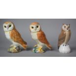 Two Beswick Barn Owls No.2026, Together with a Copenhagen Long Eared Owl