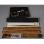 A Collection of Vintage Rules, Slide Rule, Micrometer Screw etc