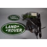 A Reproduction Cast Metal Wall Hanging Bell with Land Rover Motif Together Two Landrover Signs, 34cm