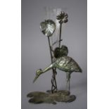 A Colonial Green Patinated Metal and Glass Epergne in the Form of Stork Before Reeds, 17.5cm high