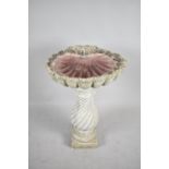 A Reconstituted Stone Bird Bath of Shell Form on Baluster Vase Support, 78cm high