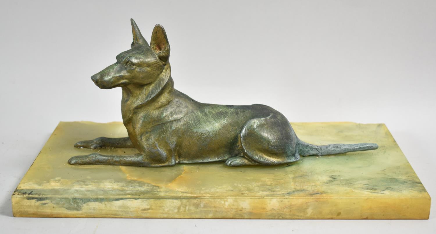 A Bronzed Spelter Study of Reclining German Shepherd Dog on Marble Plinth, Plinth 32cm Wide, Tail AF