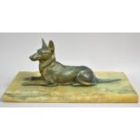 A Bronzed Spelter Study of Reclining German Shepherd Dog on Marble Plinth, Plinth 32cm Wide, Tail AF