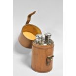 An Edwardian Leather Cased Cylindrical Two Bottle Travelling Set with Silver Plated Screw Tops, 13cm