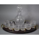 A Modern Oval Brass Mounted Mahogany Tray Containing Decanter and Six Glass Tumblers, 45cm wide
