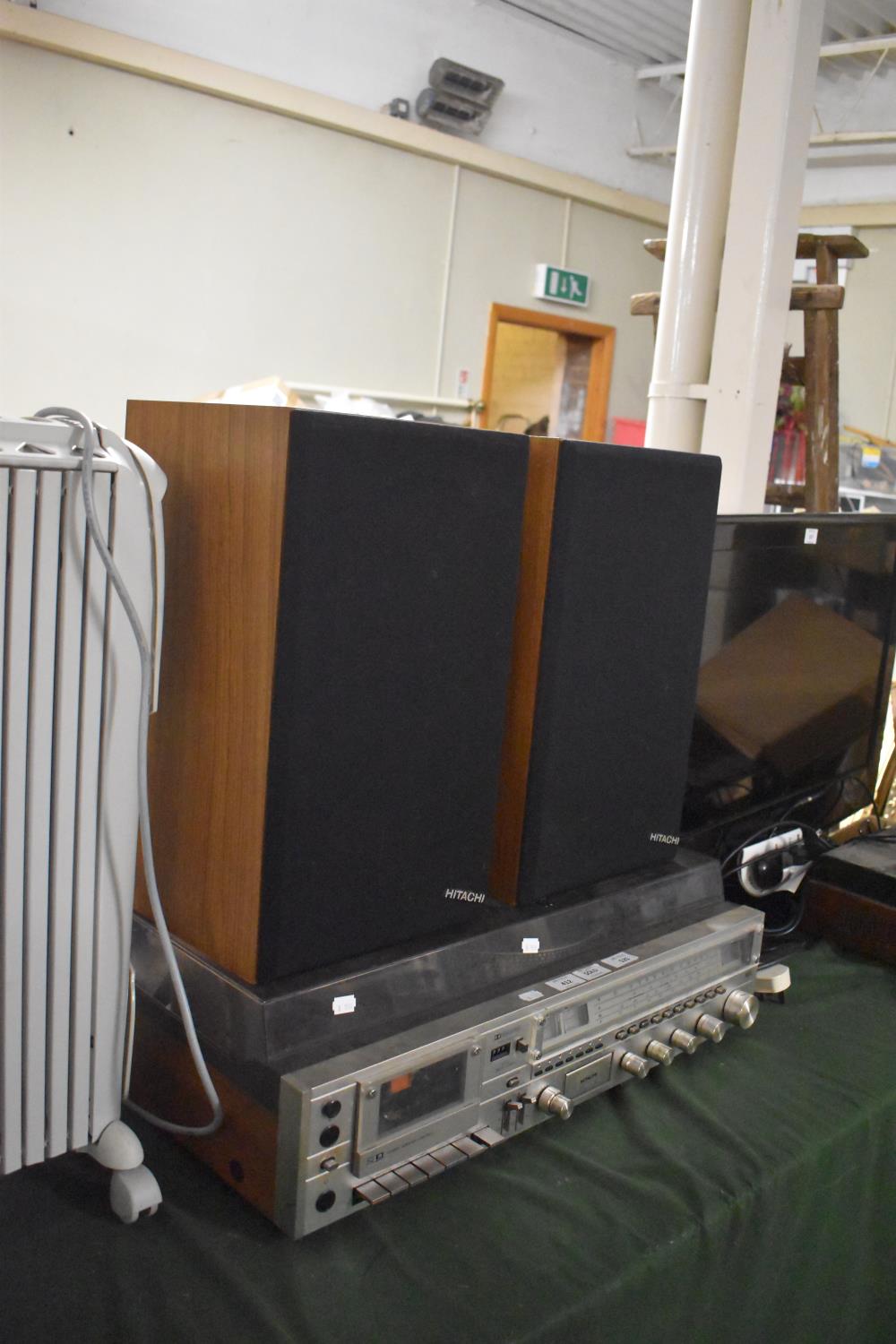 A Vintage Hitachi Music Centre with Record Player Tuner and Cassette Deck, Two Speakers, 67cm wide