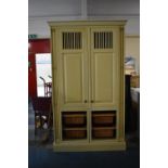A Modern Painted Shelved Kitchen Cabinet with Four Wicker Slides to Base, Panelled Doors with