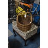 A Vintage Wicker Oval Trug and a Tapestry Upholstered Rectangular Stool